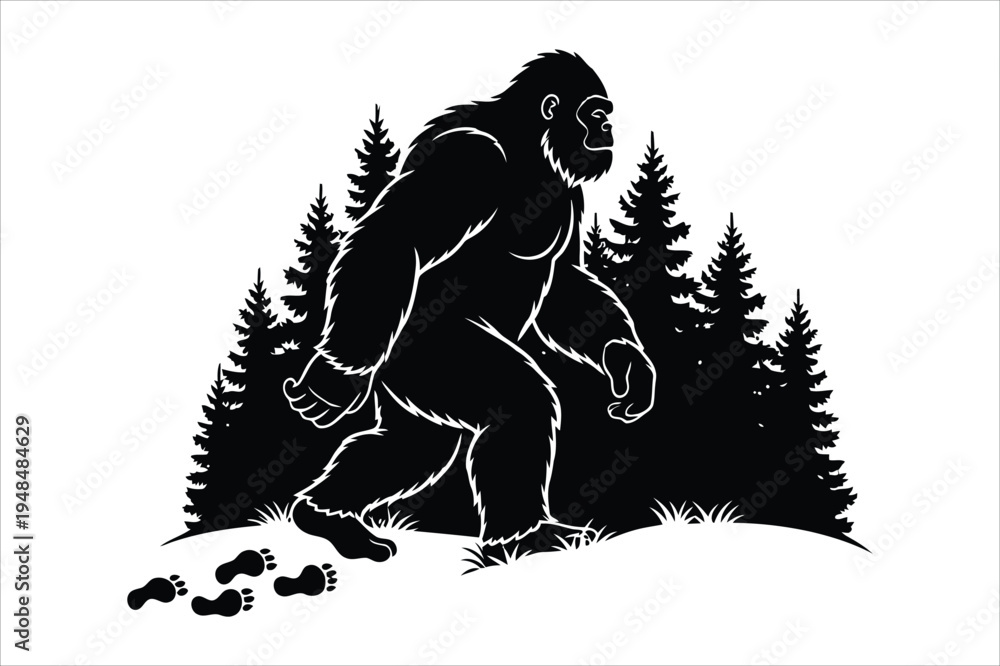Fototapeta premium Bigfoot walking in forest with footprints
