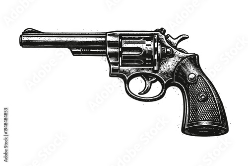 Classic Vintage Hand-Drawn Revolver Illustration with Detailed Stipple Shading. Iconic Retro Black and White Handgun Art, Perfect for Design Projects, T-shirts, Posters, or Graphic Elements. Old-Schoo