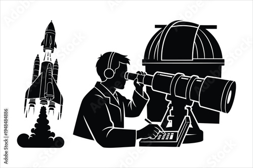 Astronomy and space exploration: scientist, telescope, observatory, ro