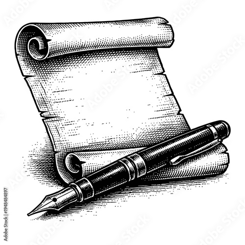 Vintage Engraved Scroll & Fountain Pen: A timeless black and white illustration of an unfurled parchment alongside a classic writing instrument, perfect for designs symbolizing history, literature, co