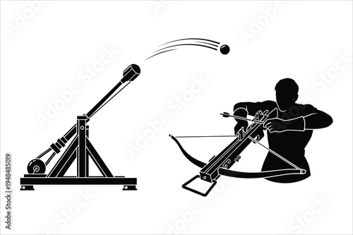 Catapult launching projectile and archer with crossbow