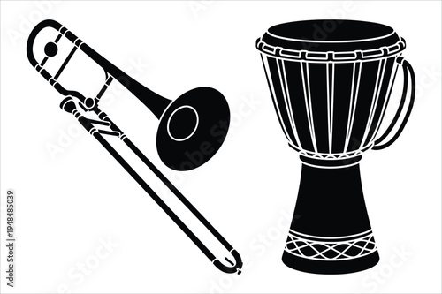 Trombone and african djembe drum with musical instrument