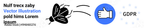 Data privacy, GDPR, data breaches, compliance issues, user rights, online security. Hand icon with a bug flying toward it and a GDPR label. Data privacy and GDPR compliance concept