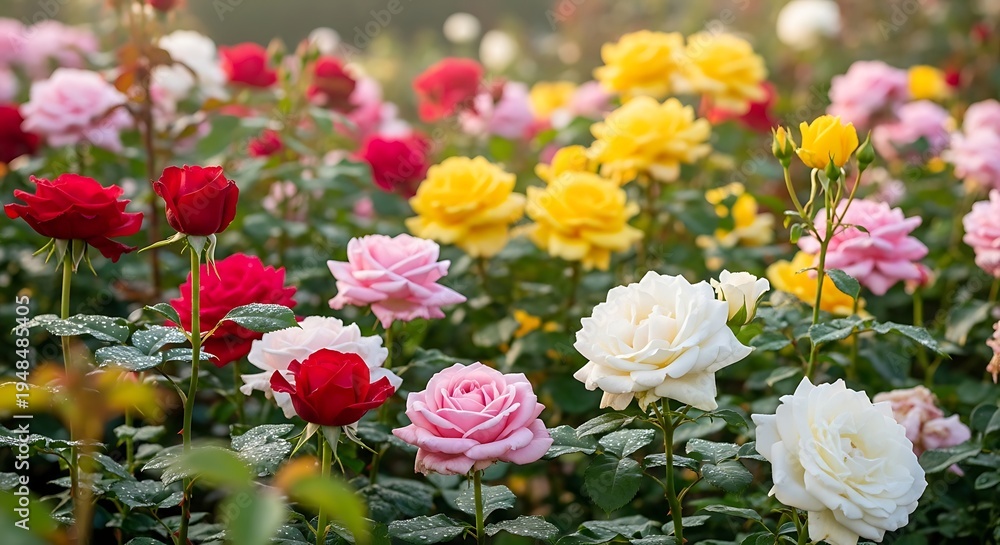 Obraz premium Vibrant rose garden with variety of blooming roses in full color with captures the beauty and