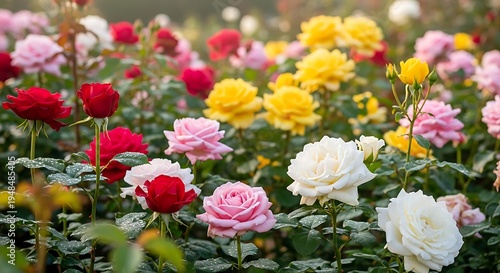 Vibrant rose garden with variety of blooming roses in full color with captures the beauty and