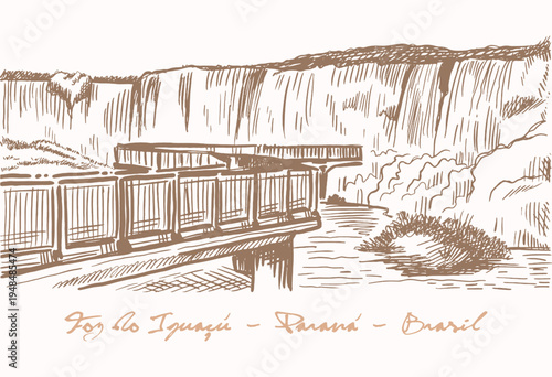 Iguazu Falls: the movement and force of the waters captured in the silence of the paper. A hand-drawn illustration celebrating one of the world's greatest natural spectacles.