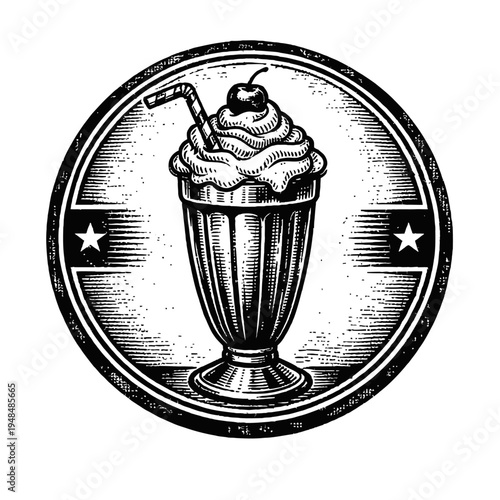 Vintage Milkshake Woodcut: Black & white art of classic tall glass, whipped cream, cherry, striped straw, in retro circular frame with stars. Perfect for nostalgic diner, soda fountain, sweet treat br
