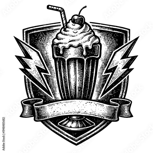 Iconic Vintage Milkshake Emblem Design: Detailed hand-drawn black and white engraving style illustration of a classic soda shop treat – a tall glass with whipped cream, cherry, and straw, framed by a