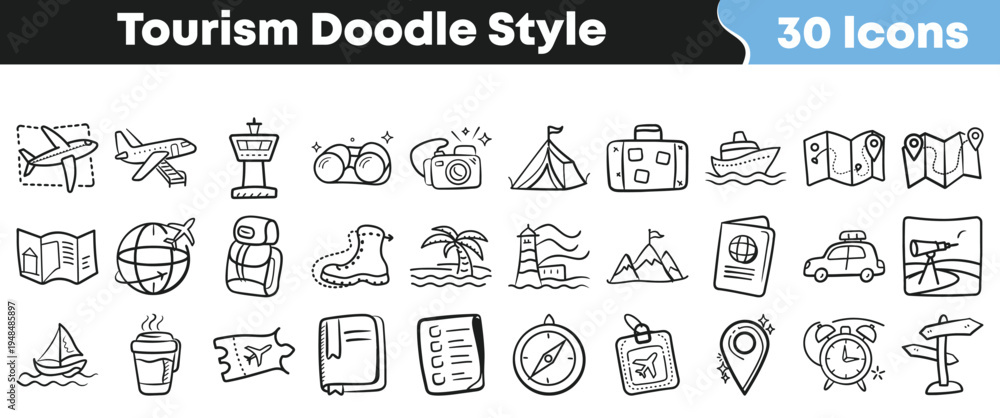 Εκτύπωση καμβά Collection of thirty hand drawn black and white doodle style icons representing various elements associated with travel and tourism activities