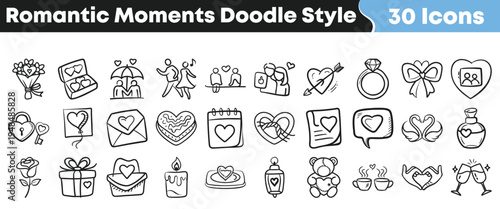 Thirty hand-drawn doodle style icons illustrating romantic moments and love themes, ideal for capturing affection, relationships, and heartfelt emotions in diverse design and creative projects.