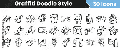 Collection of thirty hand drawn black and white graffiti doodle style icons representing spray paint art and street culture elements.