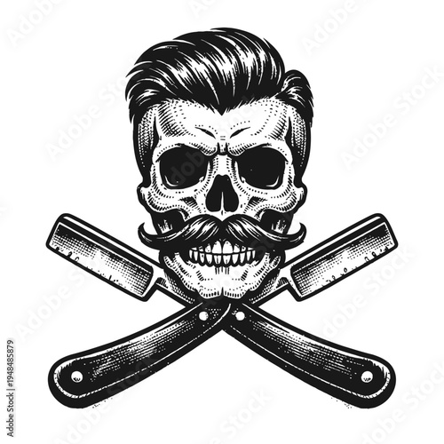 Vintage Barbershop Skull with Pompadour Hairstyle, Handlebar Mustache, and Crossed Straight Razors. Classic Gentlemen's Grooming Emblem, Retro Tattoo Design, Old School Hairdresser Logo, Hipster Style