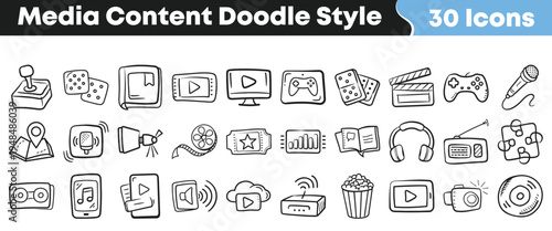 Hand drawn collection of media content doodle style icons featuring entertainment, communication, and digital technology elements, perfect for web design and graphic projects.