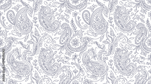Intricate Paisley Pattern Texture in Gray and White for Design Use.