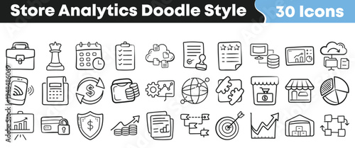 A collection of thirty hand-drawn doodle style icons representing various essential concepts for store analytics and business operations.