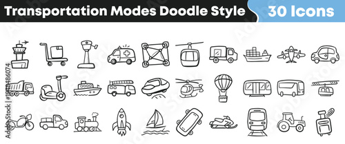 A charming collection of thirty hand drawn transportation mode icons presented in a simple doodle style format.