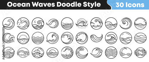 Collection of thirty distinct ocean wave doodle style icons presented in a clean black and white outline format for various graphic design uses.