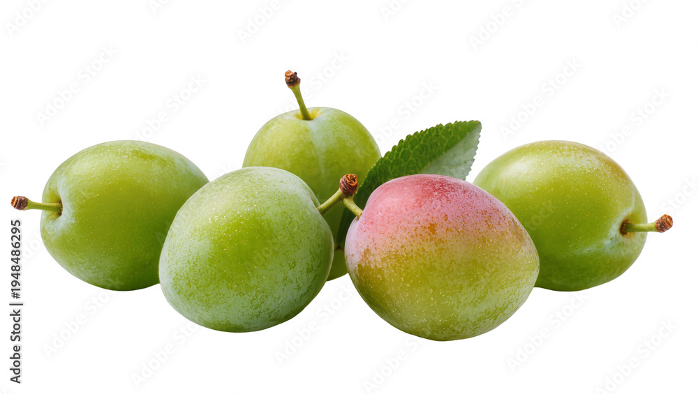Αυτοκόλλητο Five fresh green and reddish-green plums with a single green leaf and water drop