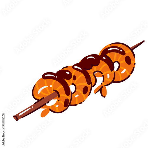 Grilled shrimp skewer with glazed prawns on wooden stick and barbecue sauce. Grilled shrimp in bold doodle style, shrimp vector illustration.