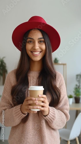 Woman in red hat holding coffee.