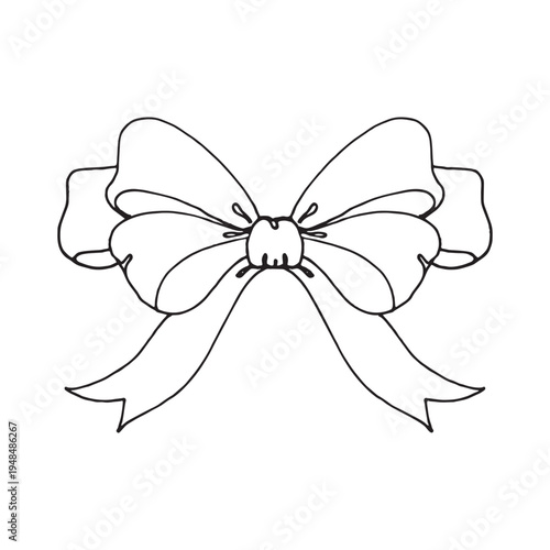 Hand drawn linear sketch of a classic decorative bow and ribbon banner. This elegant black and white engraving style illustration is perfect for wedding invitations, gift packaging, and festive