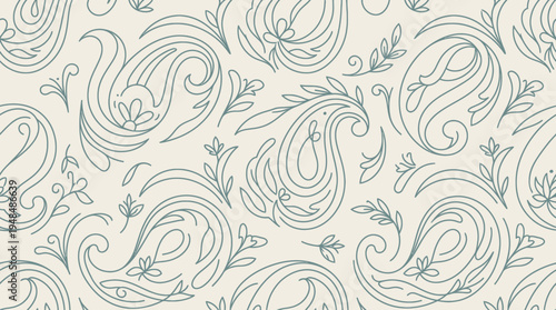 Elegant seamless paisley pattern with flowing swirls and ornamental motifs for textile and wallpaper design.