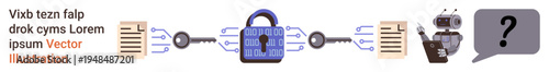 Data encryption, cybersecurity, artificial intelligence, information privacy, communication, technological analysis. Padlock with data streams, robot with a question mark bubble. Data encryption