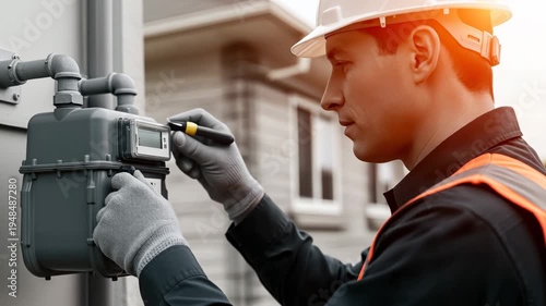 Gas engineer man checking or installing natural gas meter on residential building wall with tools for utility service, footage.