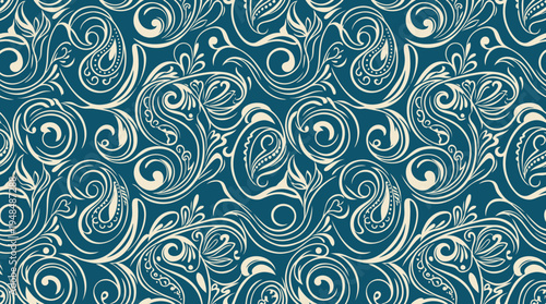 Intricate blue and white seamless abstract pattern with swirling flourishes and decorative motifs across a teal and aqua background.