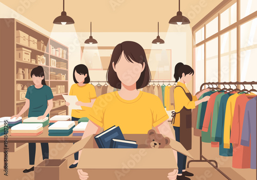 Vector illustration of people organizing donations and sorting items for charity