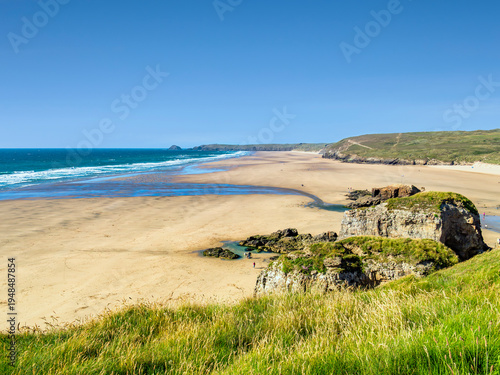Perranporth Beach, one of the best in Cornwall, UK The start of a perfect day at the beach.