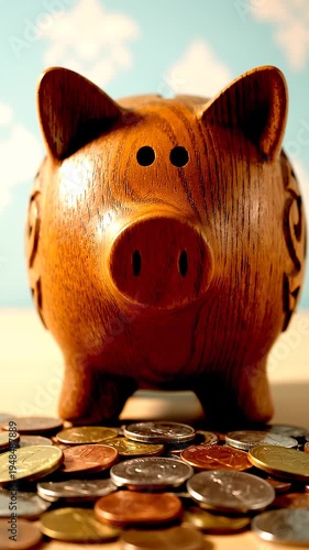 Wooden Piggy Bank with Coins.