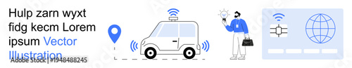 Autonomous vehicles, GPS navigation, smart cities, transportation technology, remote communication, global connectivity. Self-driving car, GPS pin and person holding a star. Autonomous vehicles