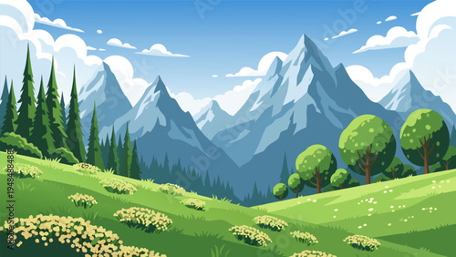 Vibrant vector illustration of a serene mountain landscape with rolling green hills and a clear blue sky, perfect for nature-themed designs