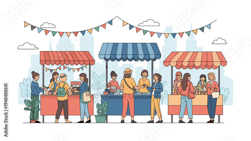 Diverse shoppers explore various colorful market stalls at outdoor street fair with city skyline in the background.