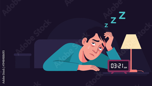 Tired man looks at his digital alarm clock while suffering from insomnia and stress late at night in his dark bedroom.
