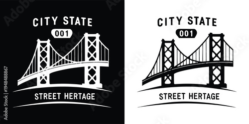 Graphic design featuring a stylized suspension bridge logo with bold text reading city state and street heritage variation.