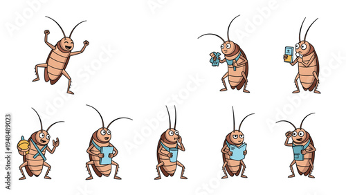 Funny cartoon cockroach character performing various tasks like reading eating and traveling in humorous poses.