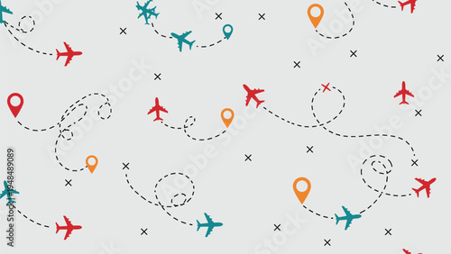 Seamless pattern with colorful airplanes flying dashed flight routes between destination map location markers.