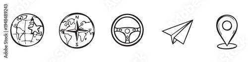 Travel and navigation vector icons. Globe, compass, location pin, and paper plane sketches