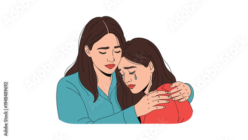 Caring woman embracing and comforting her friend who is crying and feeling upset after receiving bad news or going through grief.