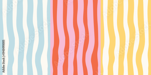Modern irregular seamless patterns set, colorful hand-drawn textures with striped prints. Red, yellow, blue, pink and white. Beautiful abstract print for textile, wrappimg paper. Birthday, scrapbook.