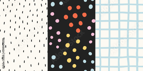 Modern irregular seamless patterns set, colorful hand-drawn textures with polka dot, wavy plaid check prints. Red, yellow, blue, black, white. Beautiful abstract print for textile, wrappimg paper.