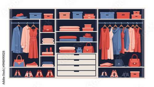 Neat and organized walk in closet featuring neatly arranged clothes on hangers folded garments handbags and a variety of shoes on shelves.
