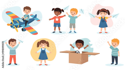 Diverse group of happy children playing together with paper airplanes and a toy propeller plane representing imagination and friendship.