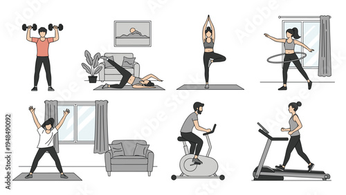 Diverse group of men and women performing various workout routines and yoga poses at home to maintain health and fitness.