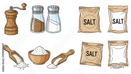 Comprehensive collection of salt products including shakers wooden grinders small packets and bowls of sea salt and pepper.