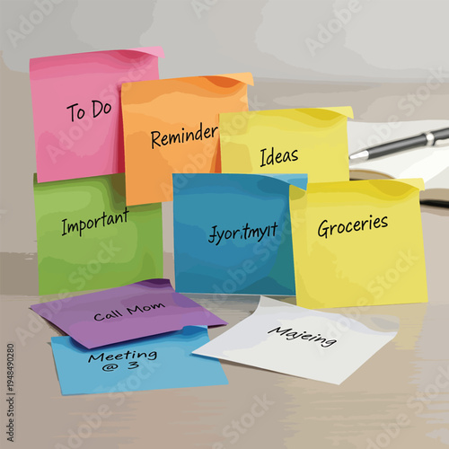 A collection of colorful sticky notes with reminders and to do lists on a desk.