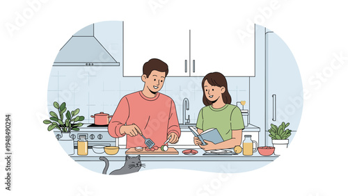 Happy young couple preparing a healthy meal together in a modern kitchen while reading a recipe book with their pet cat nearby.