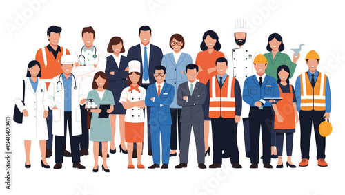 Large group of professionals from various industries standing together in their respective work uniforms representing career diversity.